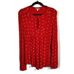 LUCKY BRAND Red Boho LARGE Women's Long Sleeve Stretchy Keyhole Blouse